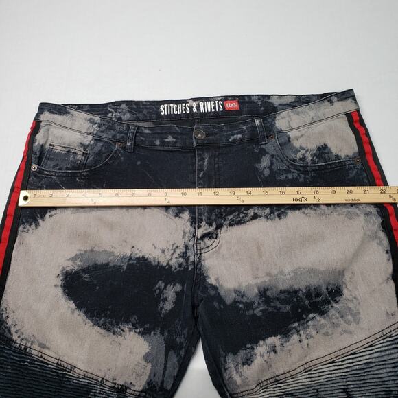 Stitches & Rivets Jeans Mens 42x30 Black Moto Bleached Racing Stripe Skinny - Picture 9 of 16